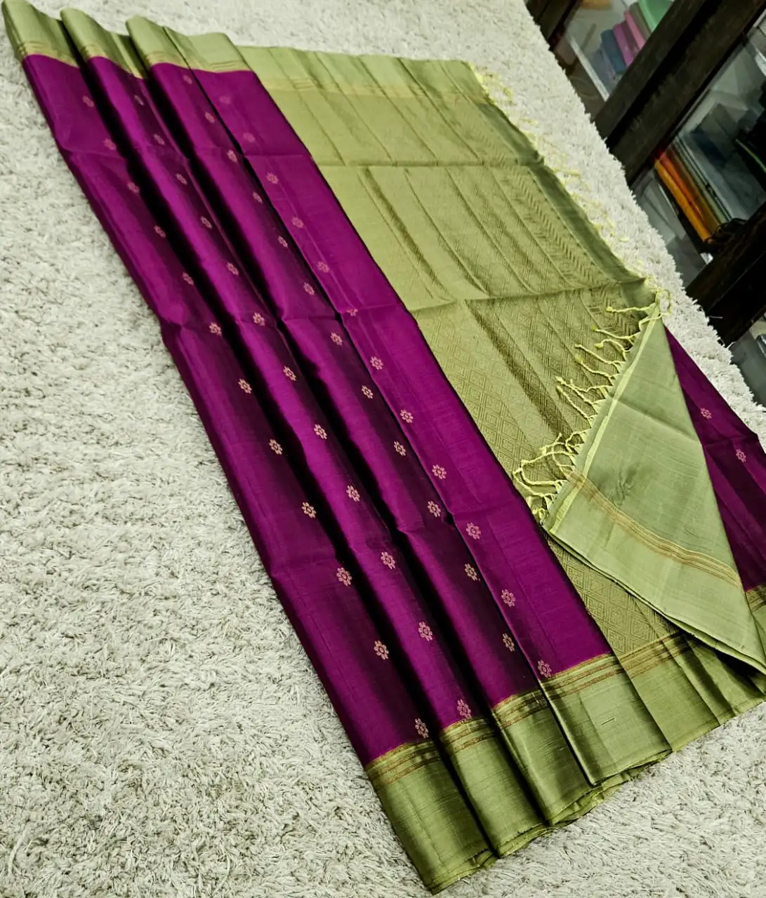 Plum Purple Butta 3-Line Zari Kanchipuram Soft Silk Saree